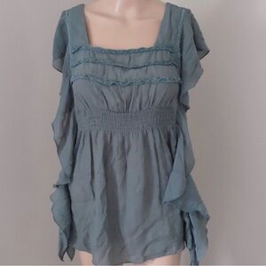 Mine Anthropologie Peasant Boho Shirt Top Blouse Aqua Teal Turquoise Gauzy Sz  M